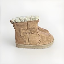 Kids Unisex Brown/Beige Suede Ankle Booties Pull-On Bow Faux Fur Lined