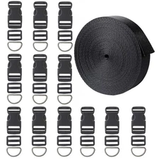 12 Yards Black Nylon Heavy Webbing Straps with 12 Set Plastic 1 Inch Flat Sid...