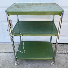Vintage MCM Metal 3 Tier Cosco Metal Rolling Kitchen Cart W/ Outlet 22 x 16 x 29