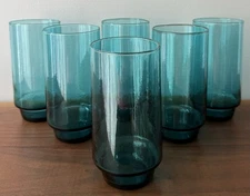 Vintage Crisa Rare Hammered Aqua Blue Heavy Base Highball 24 oz Glasses Set of 6