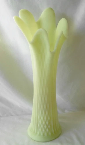 Swung Vaseline Glass Vase 14" Vintage Fenton Custard Diamond Ribbed