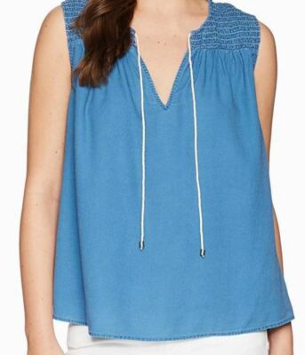 $188 Splendid Women's Blue Sleeveless Split Tie Neck Smocked Tank Top Size XS