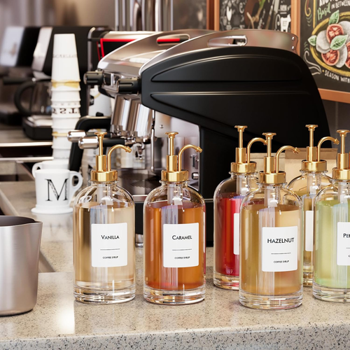 16.9 Oz (500 Ml) Coffee Syrup Dispenser Set- 4 Glass Bottles with Gold Pumper... - Picture 3 of 12