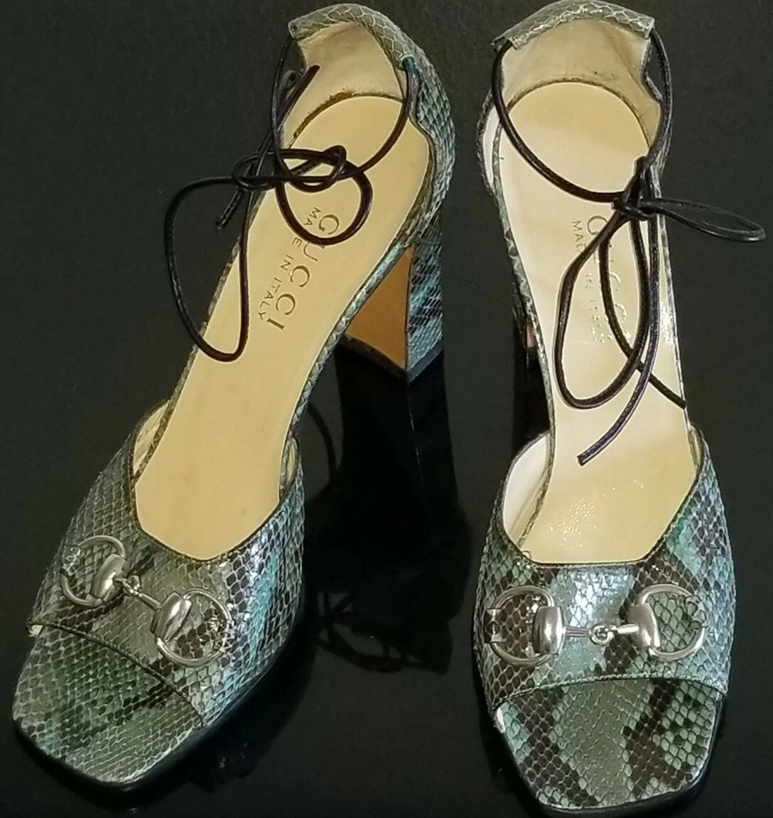 CHAUSSURES À LACETS VINTAGE GUCCI RUNWAY HORSEBIT CUIR PYTHON BOUT OUVERT POINTURE 8 FABRIQUÉES EN ITALIE