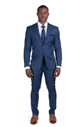 Traje Ajustado 2 Botones Hombre Ventana a Cuadros Azul Marino Muesca Solapa AZAR MAN 18335 - Imagen 2 de 6