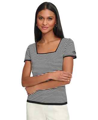 KARL LAGERFELD PARIS Women's Striped Square Neck Short Sleeve Sweater Size L