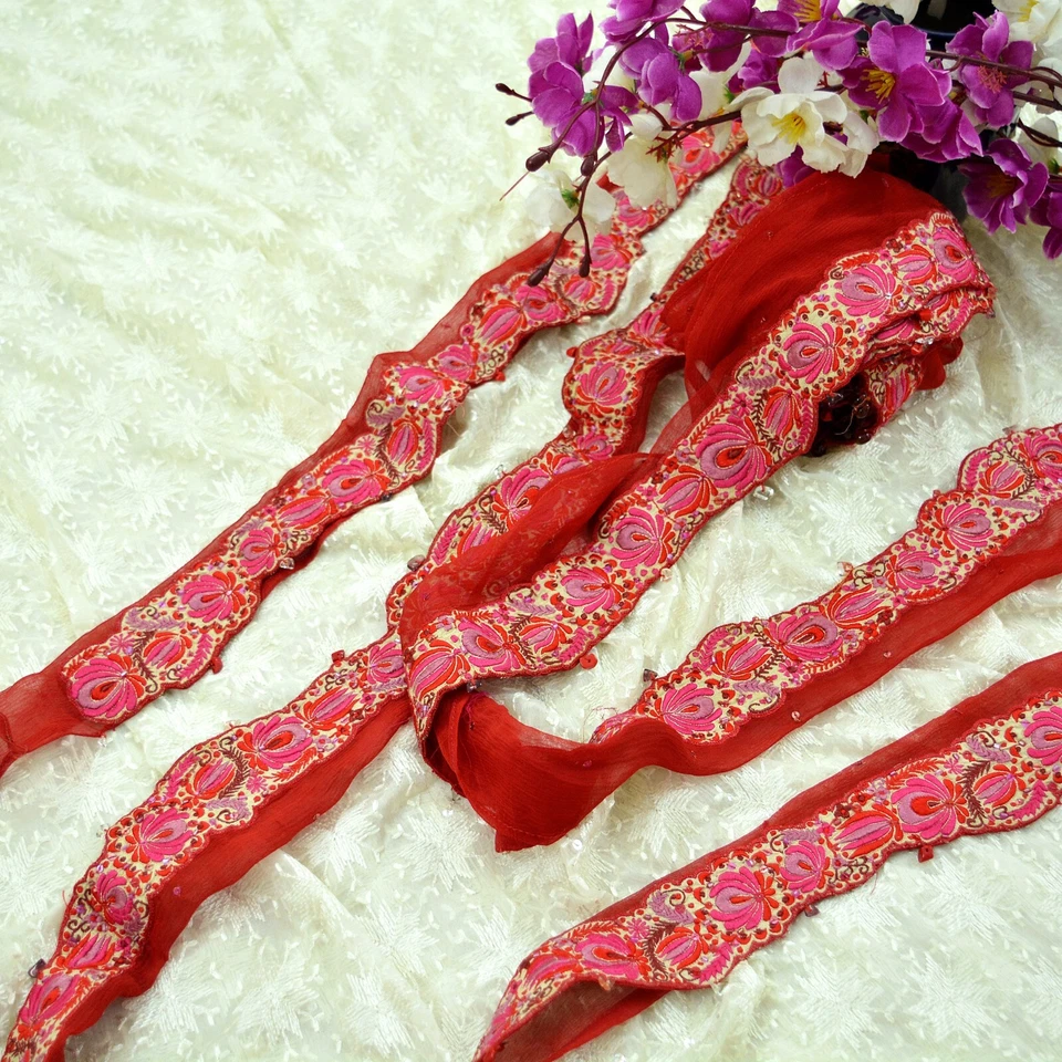 Vintage Red Sari Border Pure Chiffon Silk Hand Embroidered Craft Trim Lace 1yd - Image 3 of 4