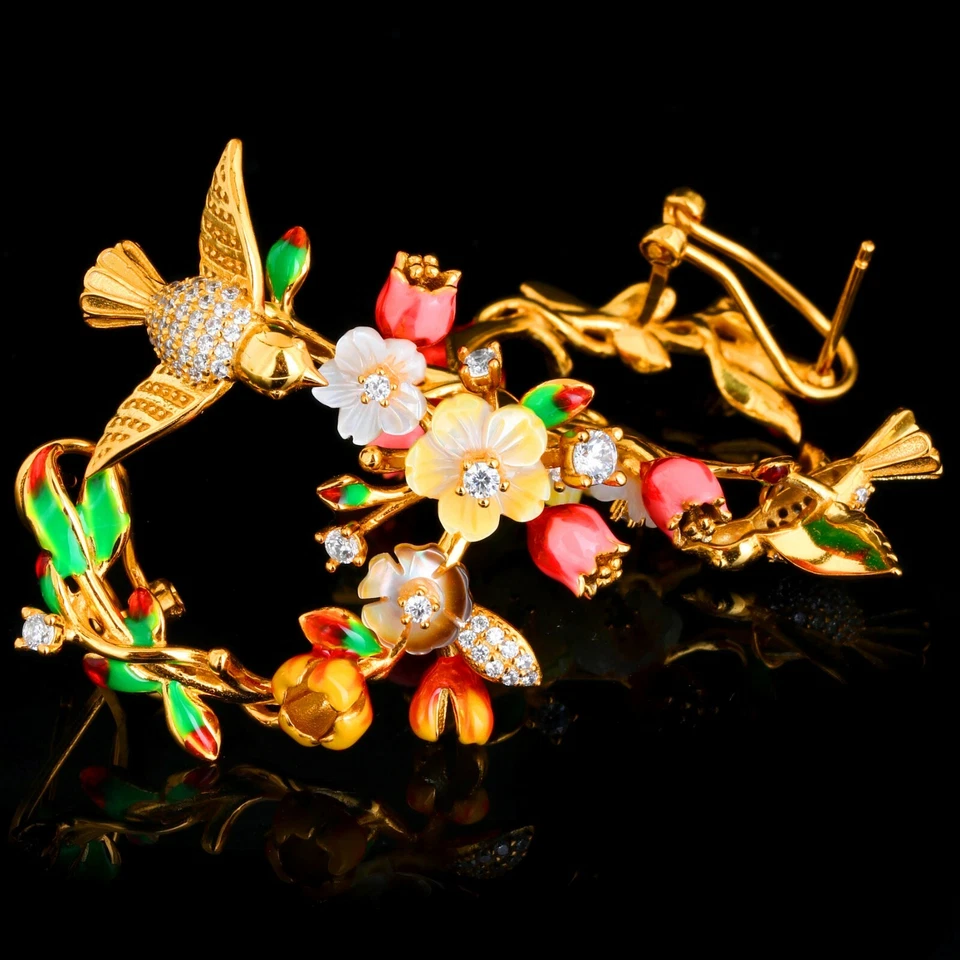 PENDIENTES MADREPERLA FLORES Y ESMALTE PÁJARO PLATA ESTERLINA .925 14K YGP Foto 3 de 3