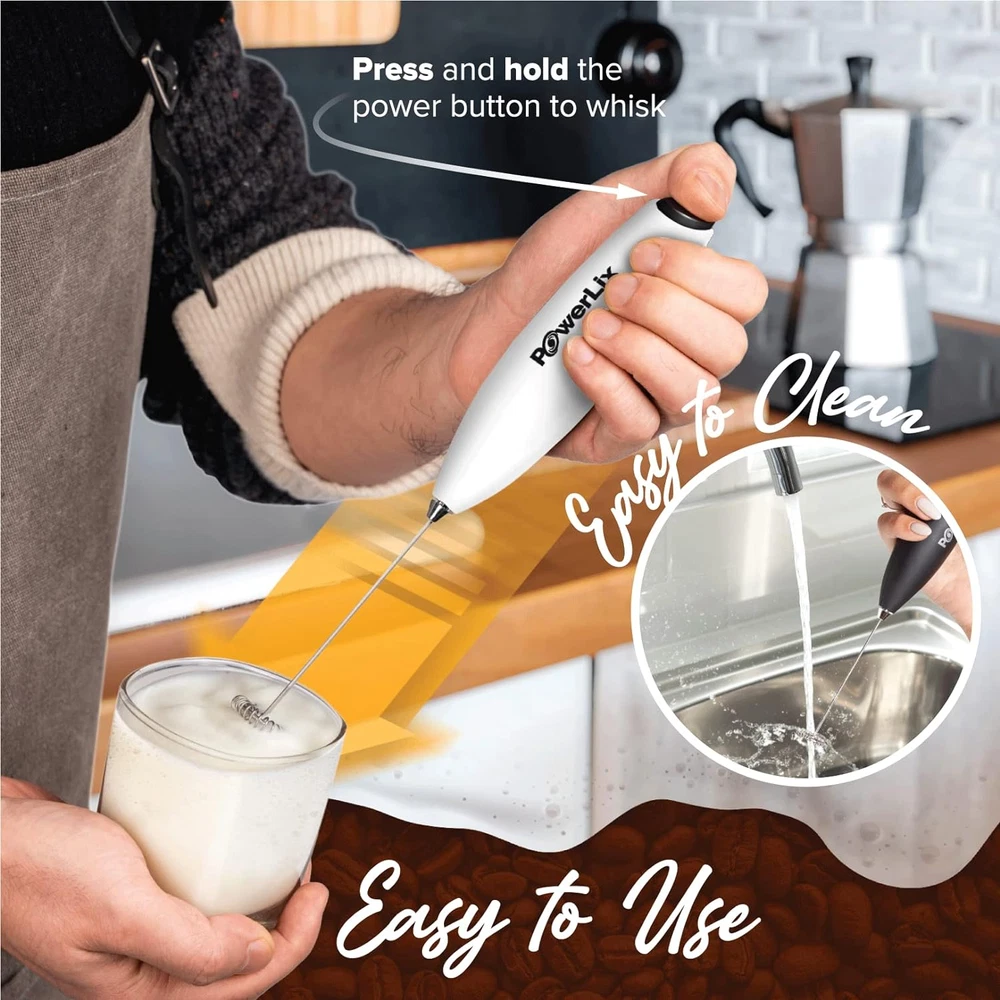 Milk Frother Handheld Electric Whisk Foam Maker Stand Battery Operated, White