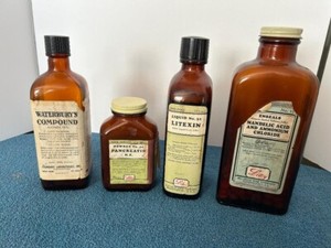 Vintage Eli Lilly glass bottles Mandelic acid, Pancreatin, Litexin & Waterbury's