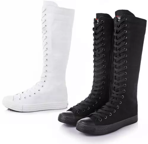 Women's flat bottomed lace up canvas knee high sports shoes boots punk gothic - Picture 2 of 18