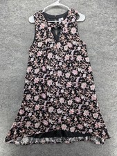 Alya Dress Womens M Black Shift Short Sleeveless Floral Rayon Lined Button