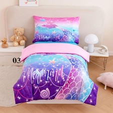 Mermaid Toddler Bedding Set, 4Pcs Fish Scale Toddler Comforter Set for Gilrs,...