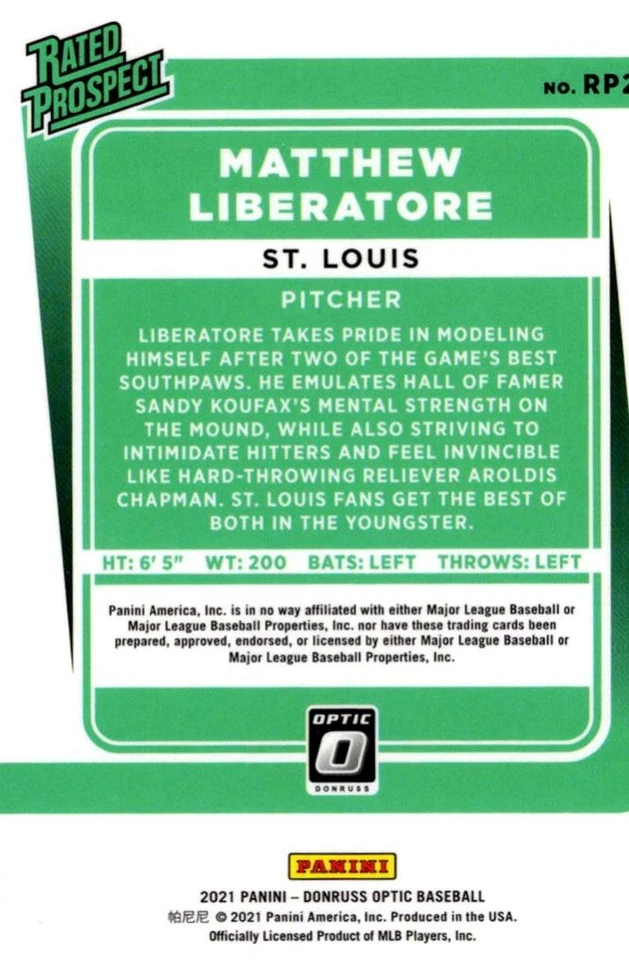 2021 Donruss Optic Matthew Liberatore Rookie St. Louis Cardinals #RP24 - Image 2 of 2