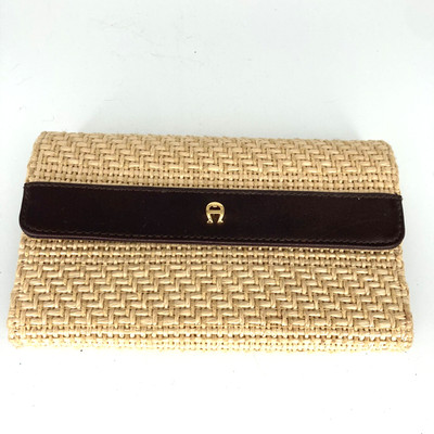 Etienne Aigner Wallet Straw and Brown Leather Credit Cards Check Book Coins