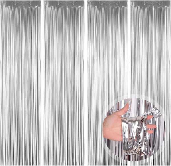 O-Kinee Silvester Lametta VorhäNge Silber, 4 StüCk Metallische Glitzervorhang F-image
