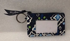 Vera Bradley Zip ID Window Card Coin Case Wallet Ink Blue Meadow Key Ring NWOT