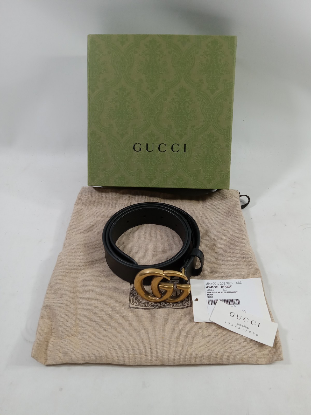 Gucci GG Buckle Leather Belt W.30 GG Marmont Moon Nero 85 NWP