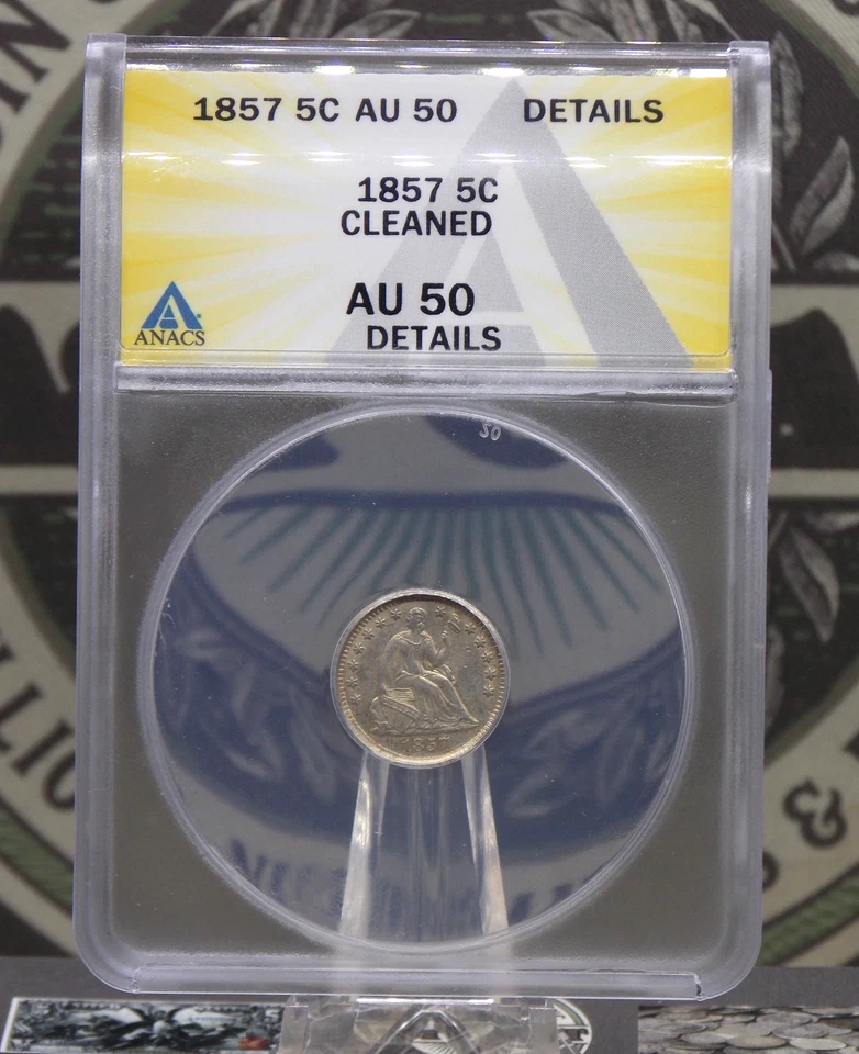 1857 "P" Seated Liberty Half Dime H10 ANACS AU50 Details #156 About Unc ECC&C - Image 3 of 4