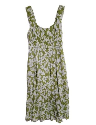 August Sky Floral Crinkle Rayon Dress L Green White Smocked Empire Waist Boho
