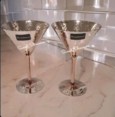 x2 Tommy Bahama Pink METALLIC Hand HAMMERED LOOK REFLECTIVE MARTINI GLASS SET