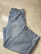 Curve Appeal Women's Jeans Blue, High Rise Wide Leg 16/33 Turquoise Accents EUC