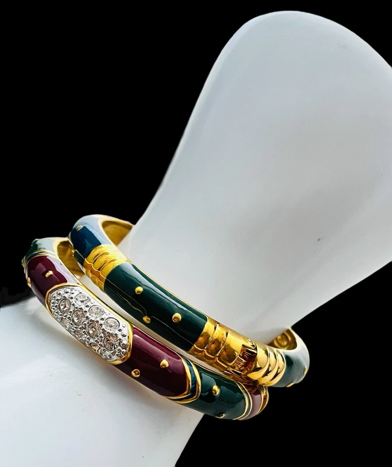 Conjunto de pulseira articulada vintage Joan Rivers strass esmalte - caixa bolsa cartão - Imagem 3 de 4