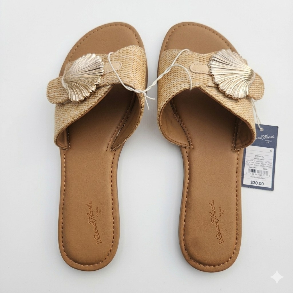 Universal Thread Women's Nesryn Raffia Shell Ornament Slide Sandals - Tan 8.5