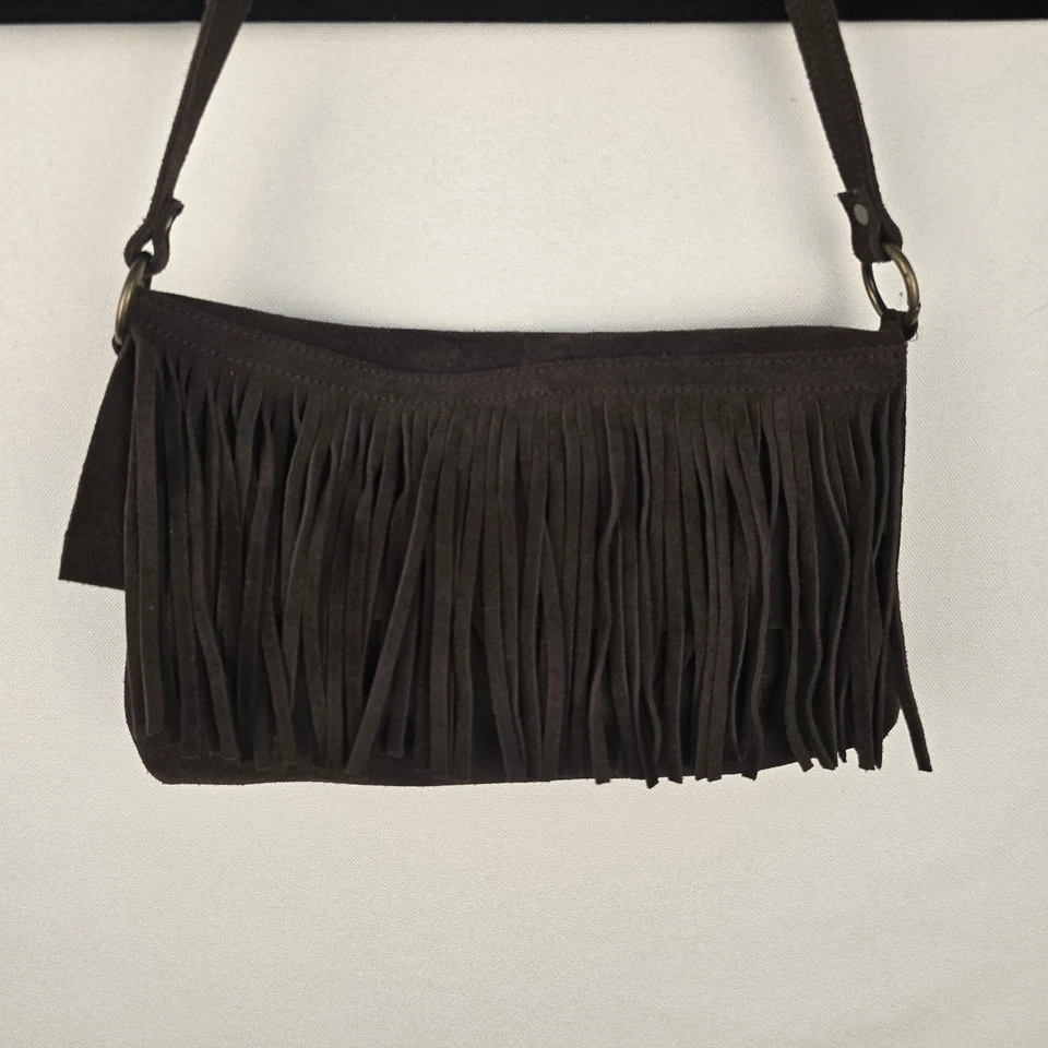 Antiguo Bolso Cartera Azul Marino Marrón Rico Pequeño Cuero Flecos Gamuza Boho Western Hippie Foto 3 de 4