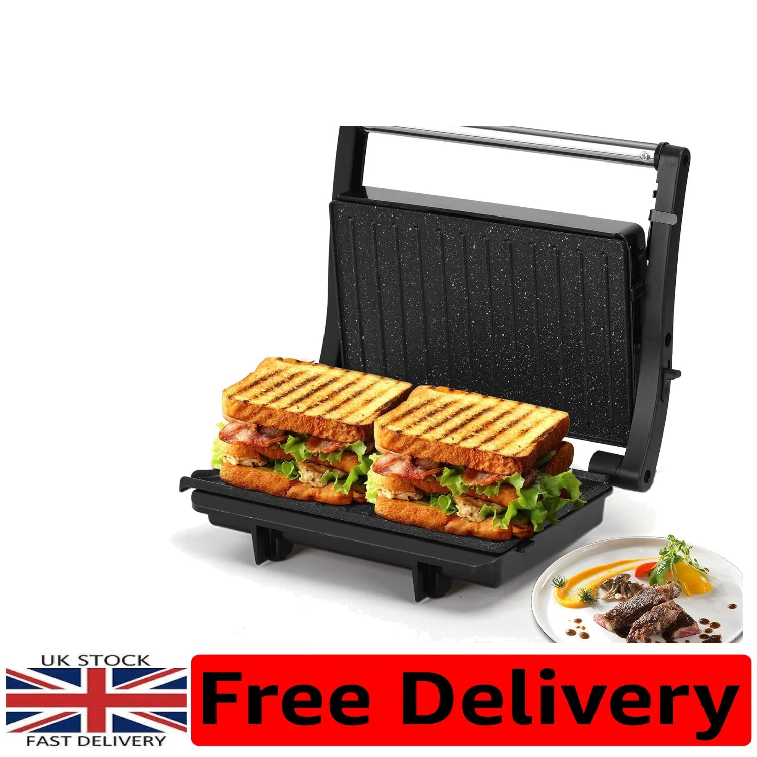 1000W Non-Stick Sandwich Toaster & Panini Press with Easy Clean Design