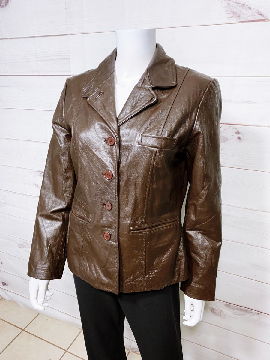 Together! Womens Leather Jacket Size 8 Brown Lined Button Up