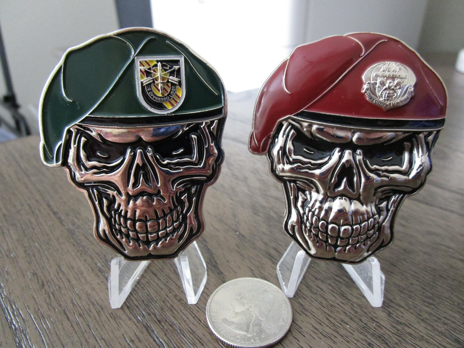 Lot of 2 Skull Challenge Coins USAF Pararescue PJs Creed & US Army Green Berets-image