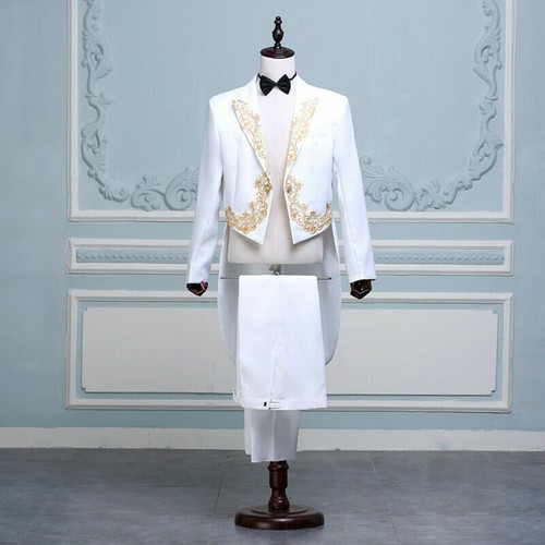 Mens Embroidered Peak Lapel Tuxedo Tailcoat Suit Jacket Pants Prom Wedding YM0 - Picture 9 of 9