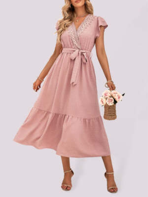 solid lace trim dress Satin Maxi Dress with Lace Trim Slit main image 0