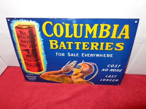 VINTAGE NATIONAL CARBON COMPANY COLUMBIA BATTERIES DEVIL 16 PORCELAIN METAL SIGN