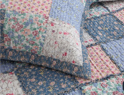 COZY BLUE PATCH RUFFLED RAG 3p Queen QUILT SET : COTTAGE COTTON MRAZ SHABBY ROSE