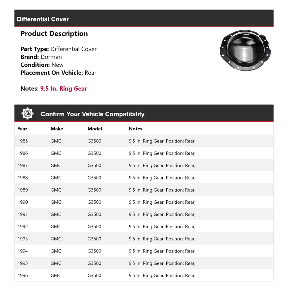 For 1985-1996 GMC G3500 Dorman Differential Cover Rear 1986 1987 1988 1989 1990 - Image 2 of 4