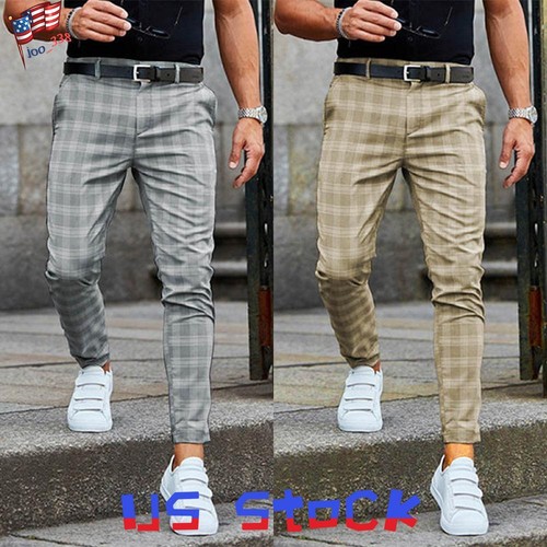 Mens Check Plaid Chinos Trouser Skinny Slim Fit Stretch Casual Formal Work Pants