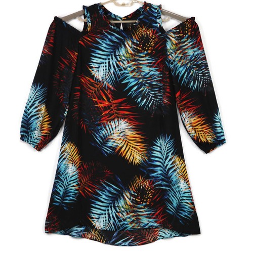 Worthington Cold Shoulder Dress Size 8 Black Blue Red Hawaiian Palm Floral
