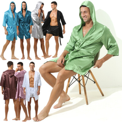 Men Pajamas Sets Sleepwear Silk Satin Kimono Hooded Bathrobe With Beltt + Shorts