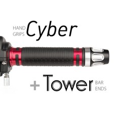 KiWAV Motorcycle Cyber Grips Red with Tower Bar Ends Silver/Silver