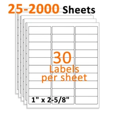 1" x 2 5/8" Address Shipping Labels Self-Adhesive Blank 30 UP for Laser & Inkjet