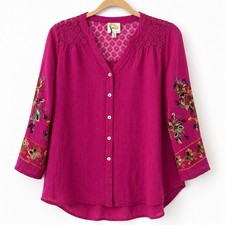 Fig  Flower Embroidered Boho Button Front Blouse Pink Size M peasant lace