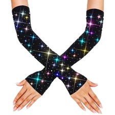 GORTIN Rhinestones Fingerless Gloves Black Sparkle Elbow One Size,