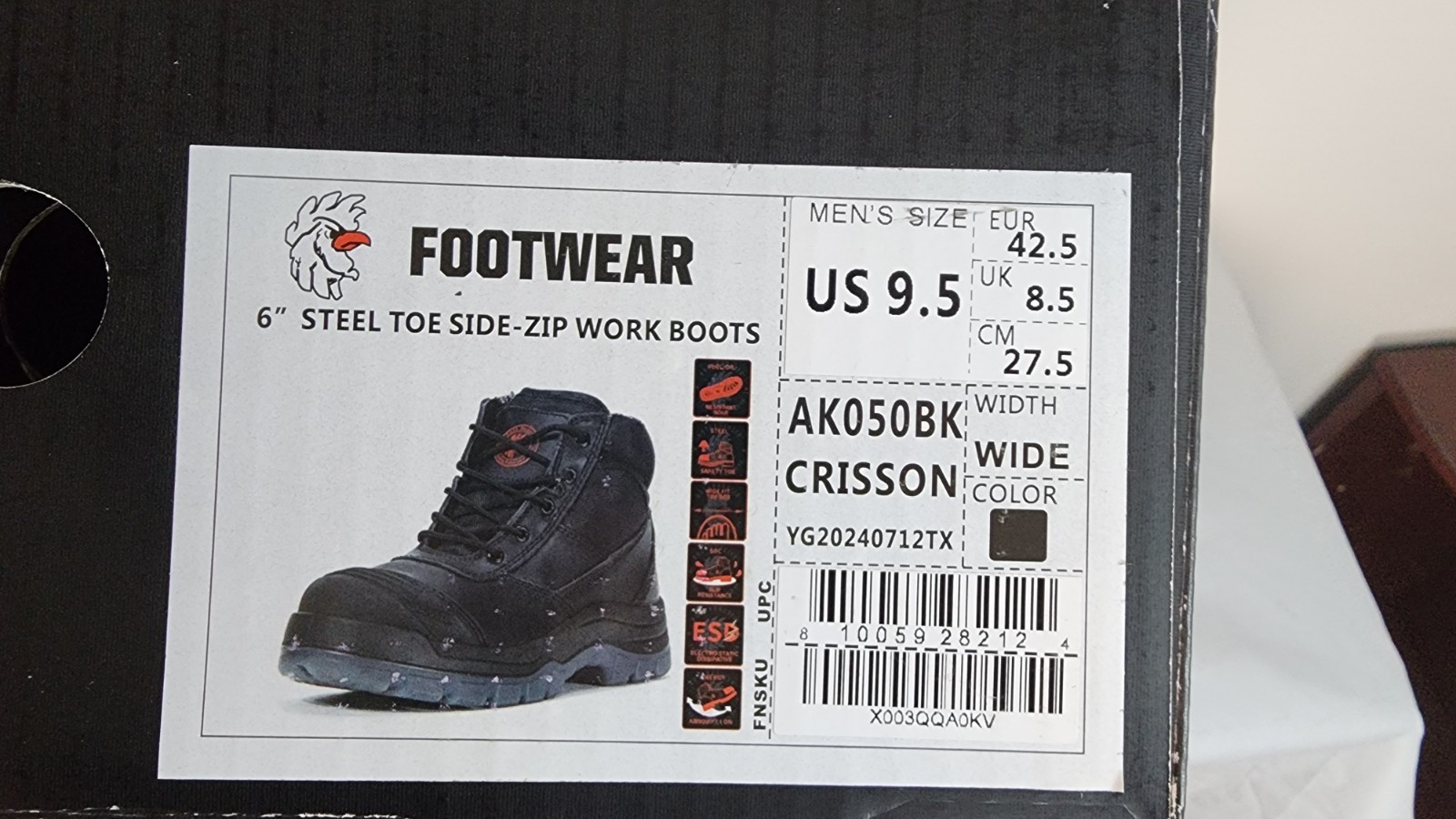 ROCKROOSTER  Steel Toe Black Leather 6" Side ZIP Pull On Work Boots SZ 9.5 WIDE