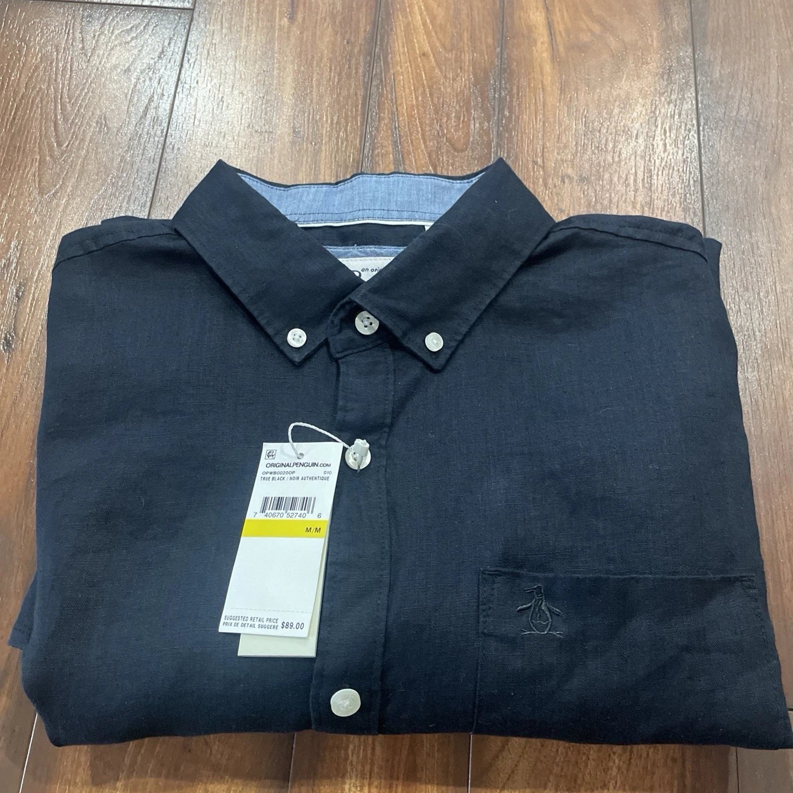 Penguin Men's Washed Linen Shirt button up Long Sleeve True Black size M $89.00