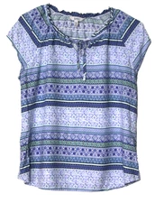 CROFT & BARROW TUNIC BLOUSE ladies size PM blue green print short sleeve silky