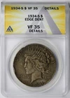 1934-S Peace Dollar $1 VF 35 Details Edge Dent ANACS