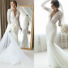 Mermaid Wedding Dress V Neck Lace Applique Long Sleeve Train Pearls Bridal Gowns