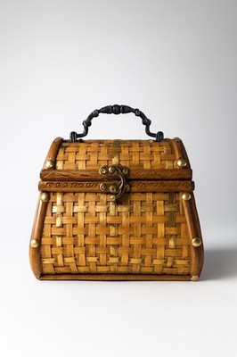 Three Hands Corp Vintage Keepsake Box Wooven Bamboo Brass Accent Latch Front